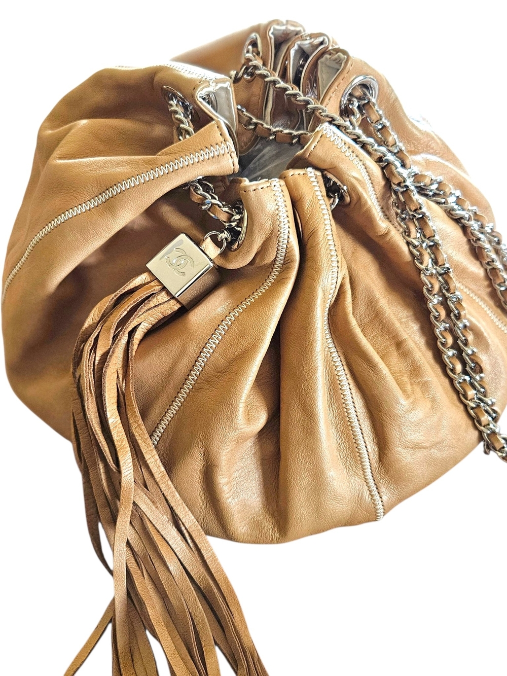 Chanel Reversible Sac Cordon Tan Leather Fringe Drawstring Chain Shoulder Bag
